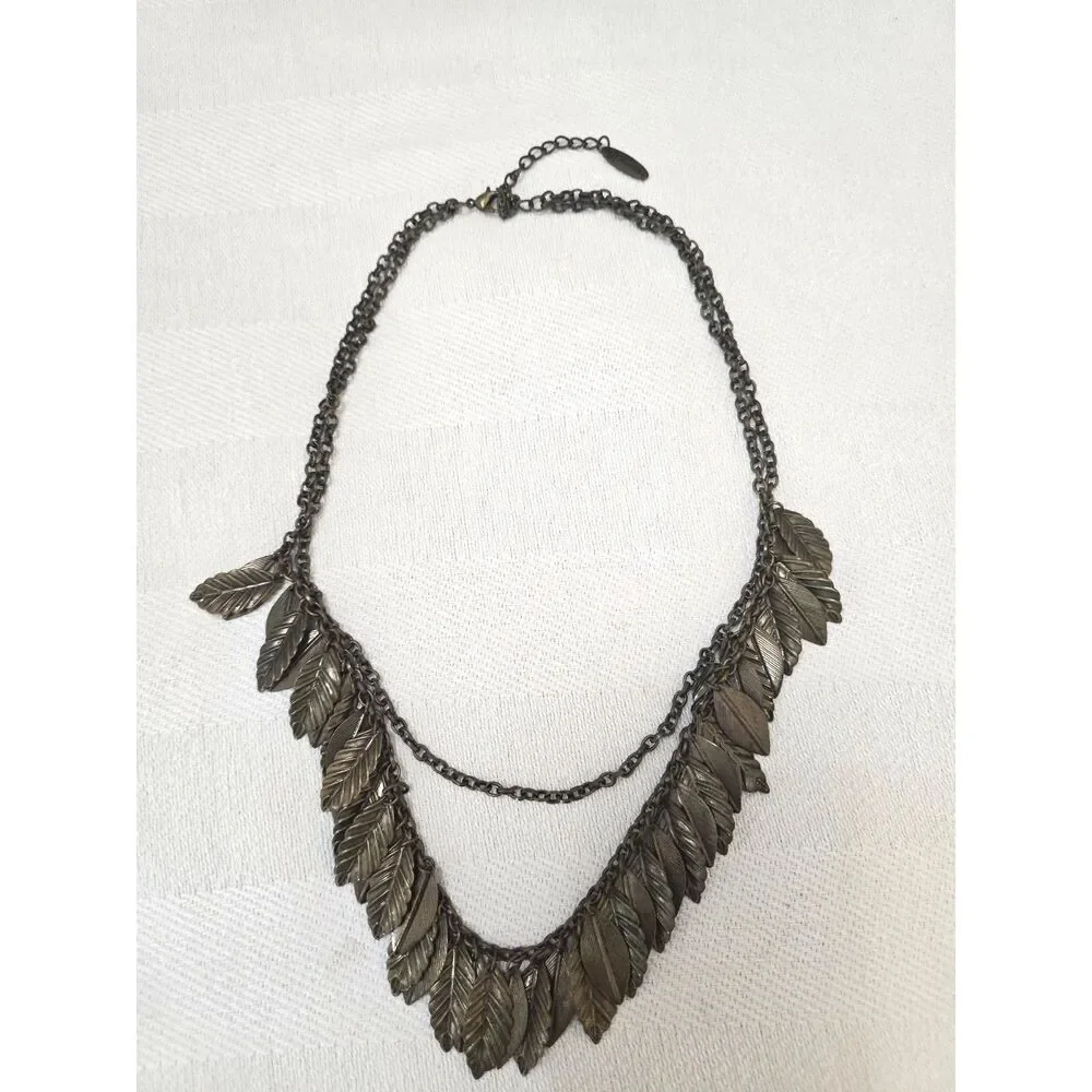 Two Layer Chain & Leaves Necklace Bronze Tone Metal Retired